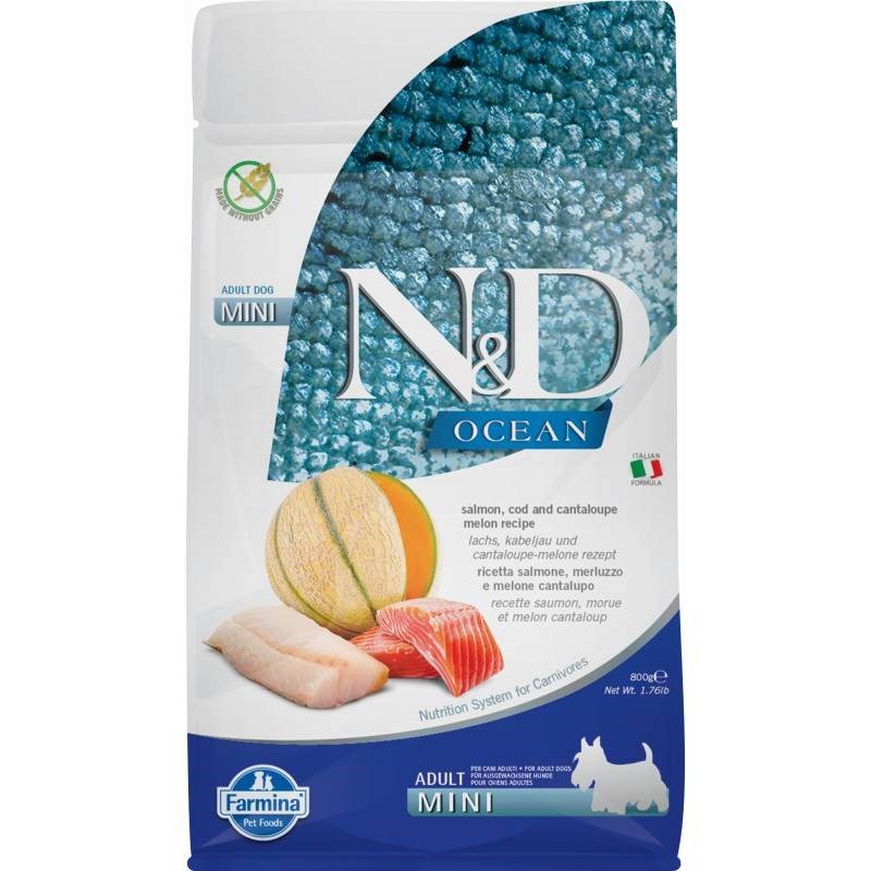 Farmina n&d ocean susugusiems mažų veislių šunims su lašiša, žuvimi, melionu ir kantalupe, 800 g