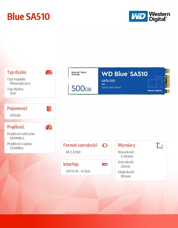 Ssd vidinis kietasis diskas ssd|western digital|blue sa510|500gb|m.2|sata 3.0|write speed 510 mbytes/sec|read speed 560 mbytes/sec|2.38mm|tbw 200 tb|mtbf 1750000 hours|wds500g3b0