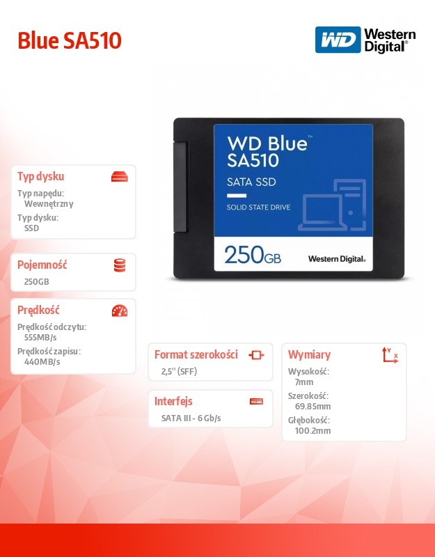 Ssd vidinis kietasis diskas ssd diskas|western digital|mėlynasis sa510|250 gb|sata 3.0|įrašymo sparta 440 mbajtų/sek|skaitymo sparta 555 mbajtų/sek|2,5