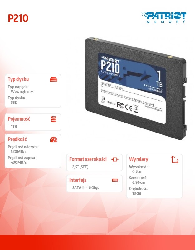 Ssd vidinis kietasis diskas ssd|patriot|p210|1tb|sata 3.0|įrašymo sparta 430 mbajtų/sek|skaitymo sparta 520 mbajtų/sek|2,5