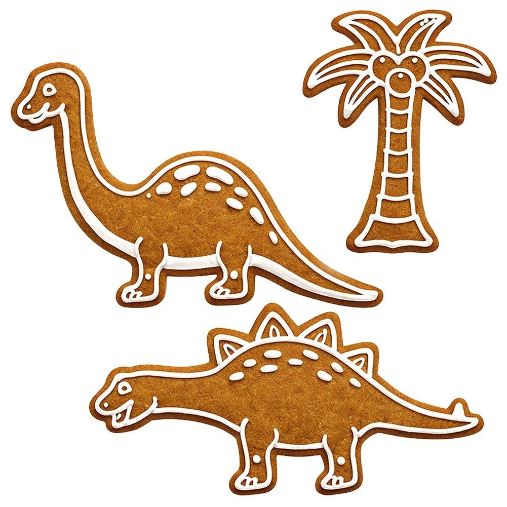 Sausainių formelių rinkinys su dinozaurų ir palmės motyvais, sidabrinis, 3 vnt. 2