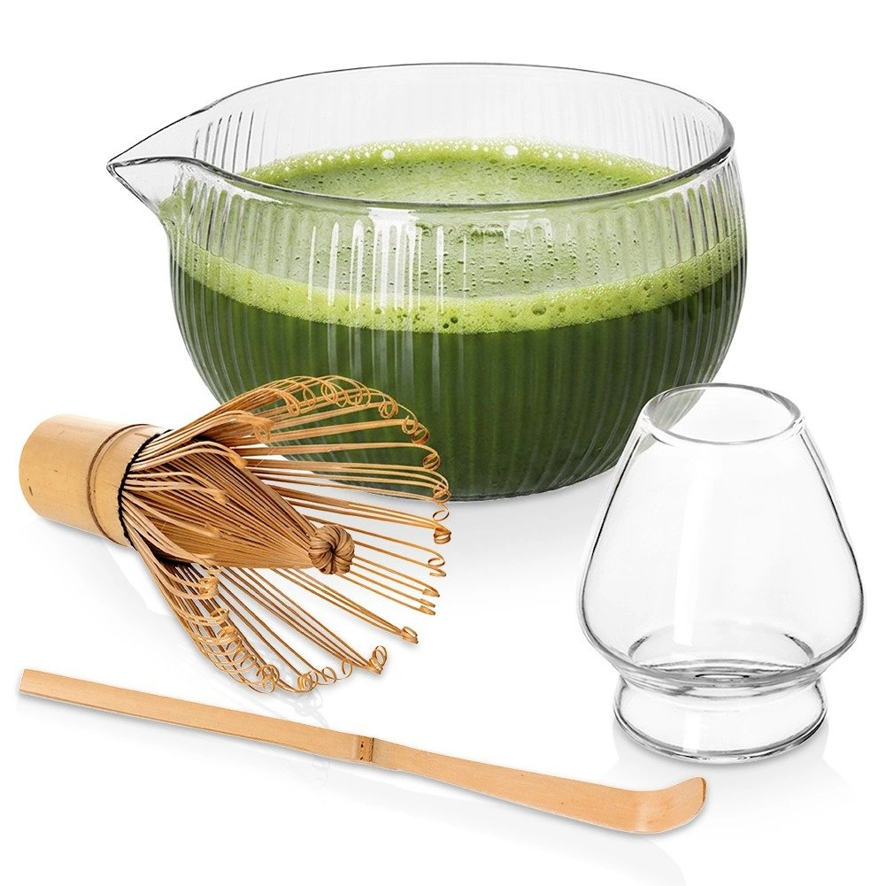 Matcha ruošimo rinkinys, stiklinis ir bambukinis, skaidrus, 4 dalių