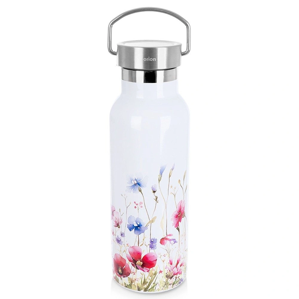 Termosas butelio formos su plačia anga, baltas su gėlių motyvu, 560 ml