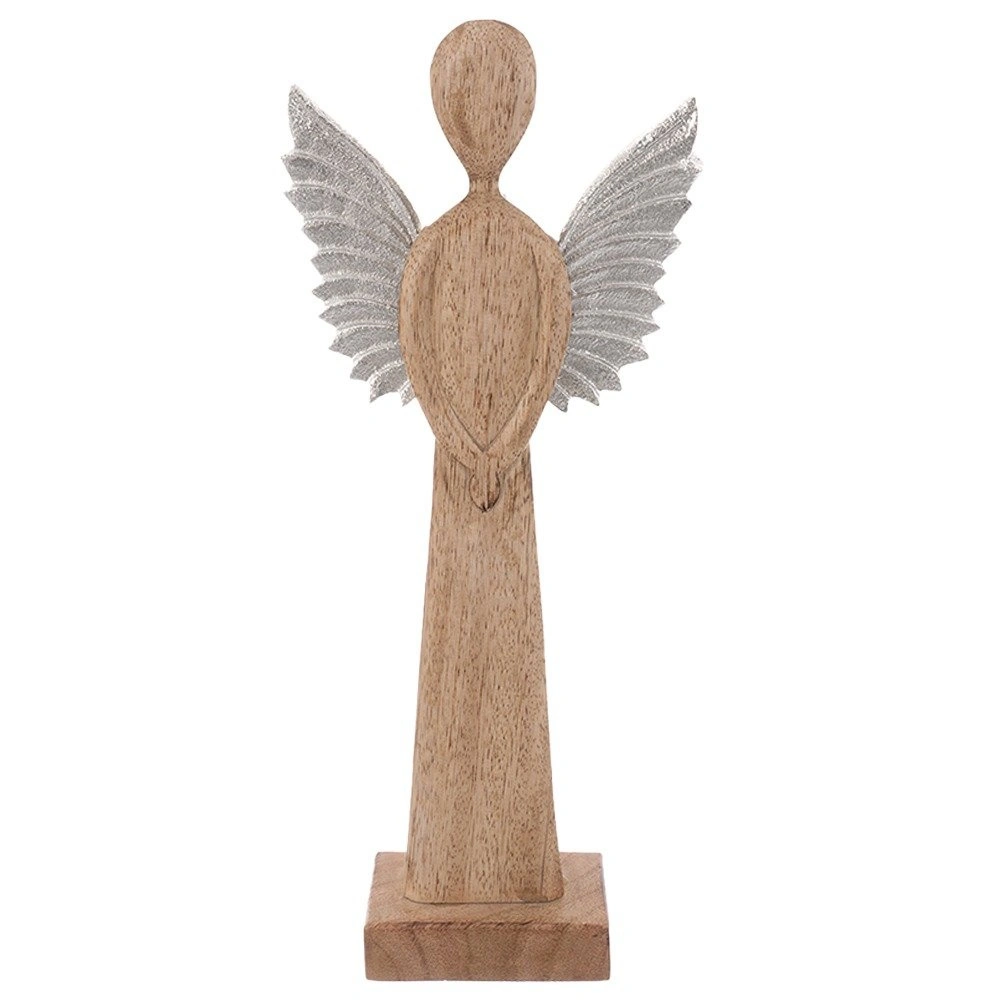 Angelo figūrėlė iš mangmedžio su metaliniais sparnais, ruda ir sidabrinė, 14 × 5 × 32 cm