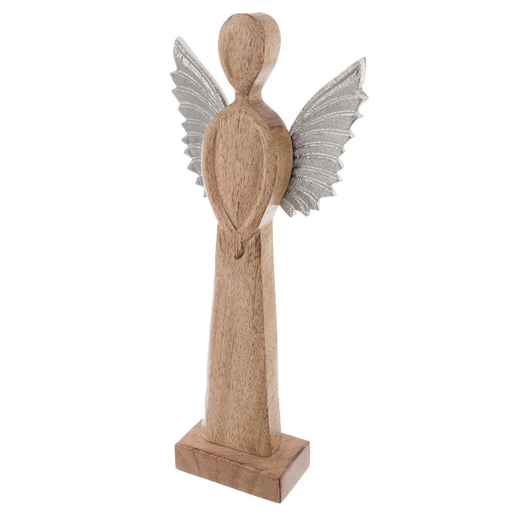 Angelo figūrėlė iš mangmedžio su metaliniais sparnais, ruda ir sidabrinė, 14 × 5 × 32 cm 2