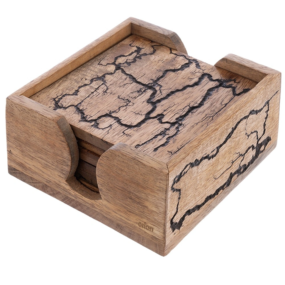 Puodelių padėkliukų rinkinys su stovu, mango mediena, rudas, 11,5 × 11 × 6 cm, 6 vnt. 2