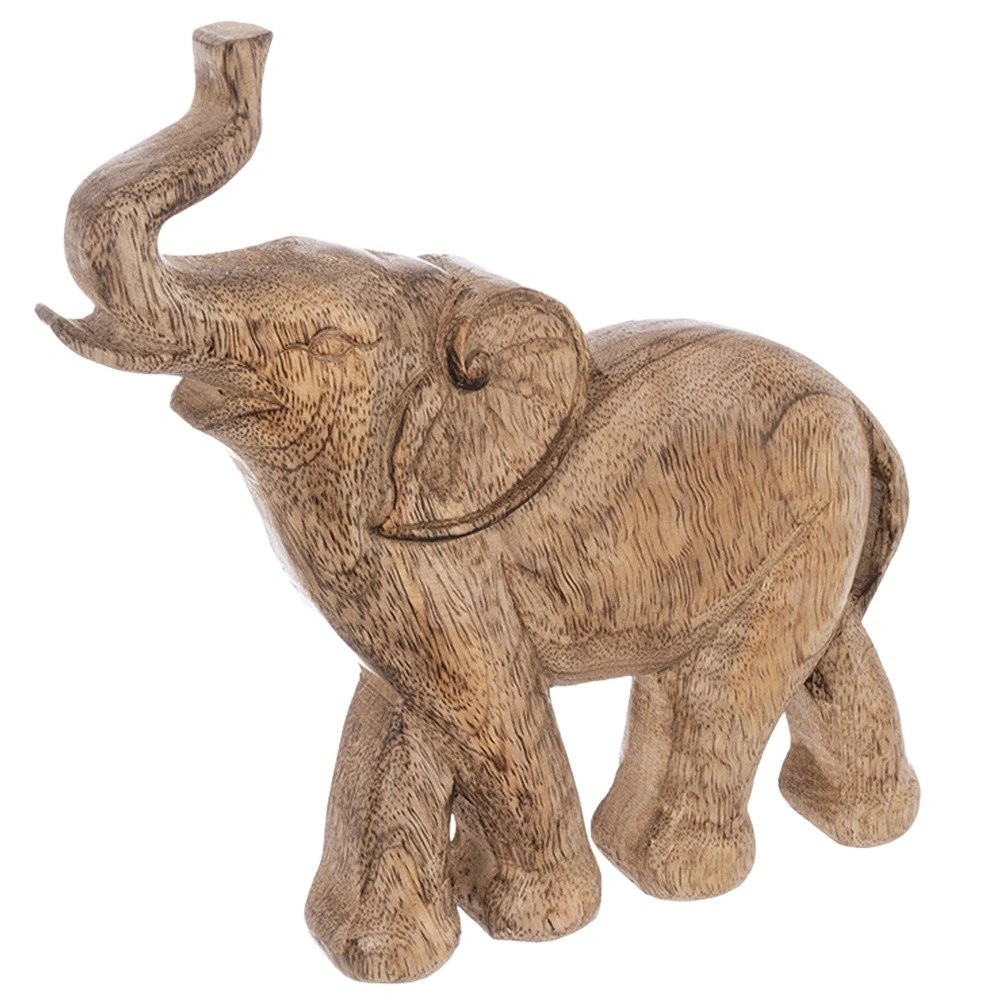 Dramblio statulėlė iš mango medienos su pakeltu straubliu, ruda, 19 × 3,5 × 20 cm 2