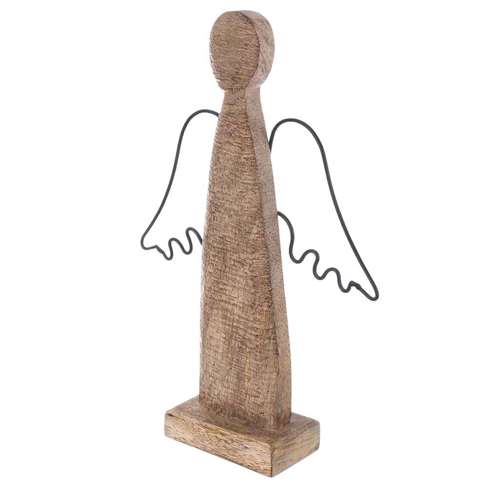 Angelo figūrėlė iš mangų medienos su metaliniais sparnais, ruda, 13,5 × 4 × 21 cm 2