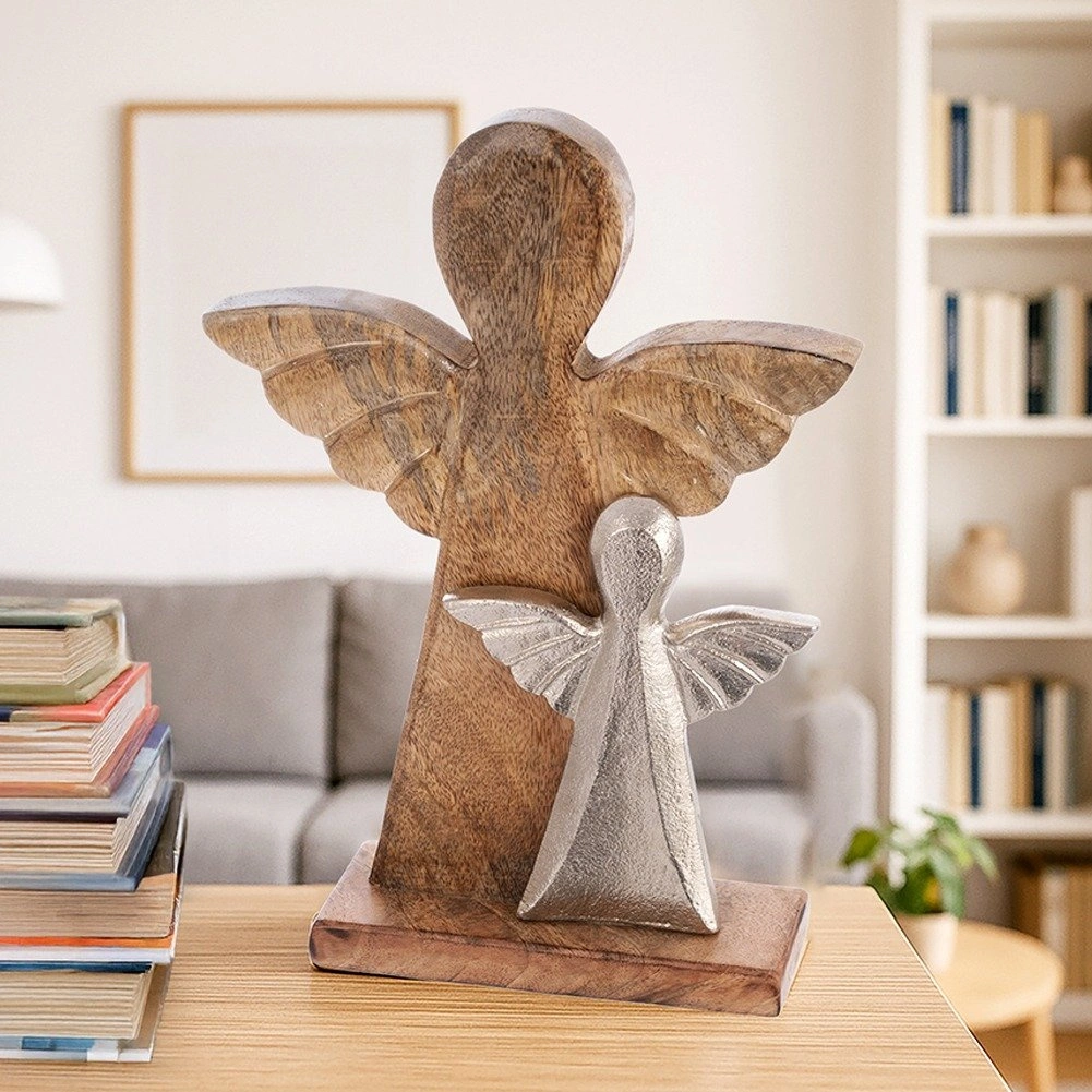 Dekoratyvinė figūrėlė su dviem angelais iš mango medienos, ruda, 23 × 6 × 32,5 cm