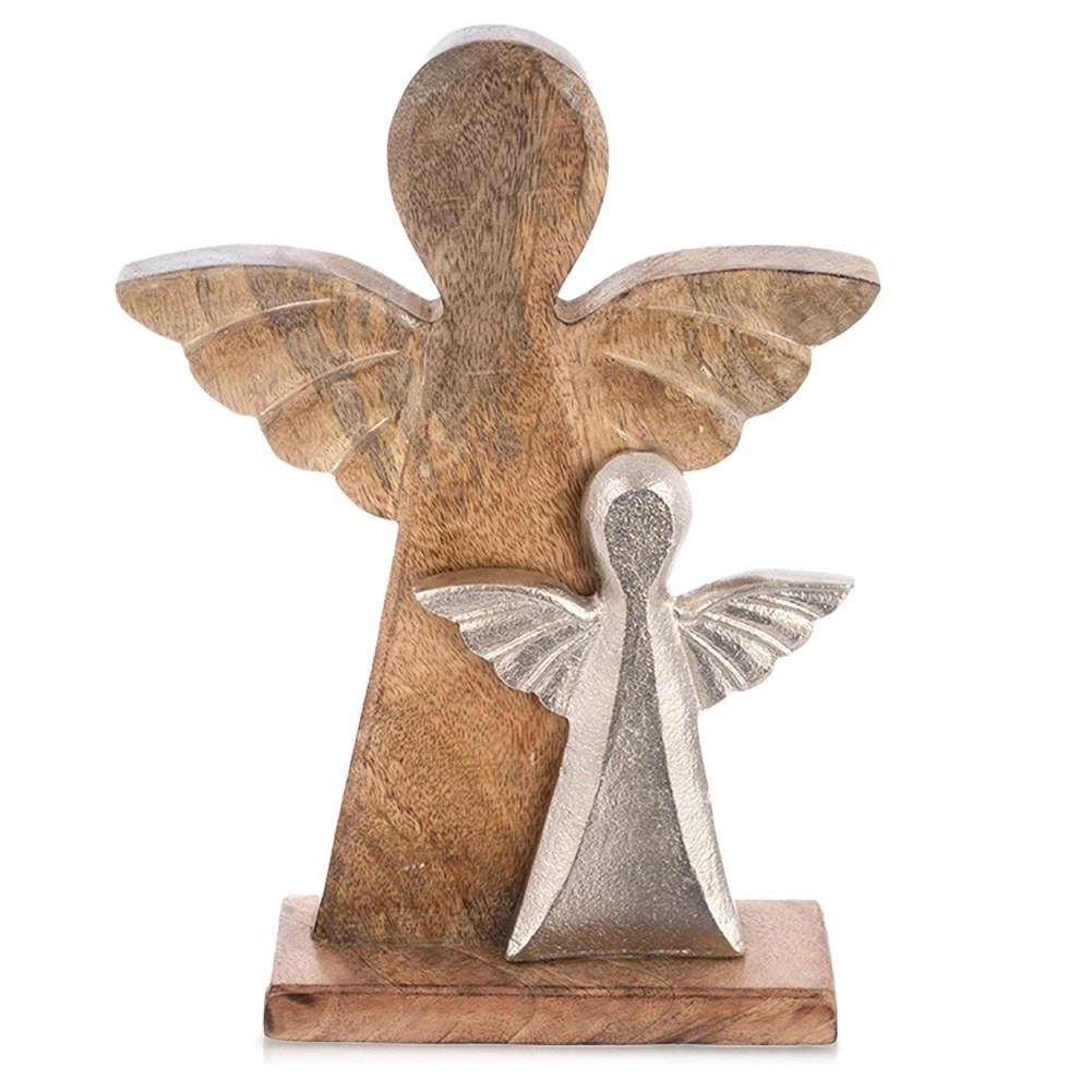 Dekoratyvinė figūrėlė su dviem angelais iš mango medienos, ruda, 23 × 6 × 32,5 cm