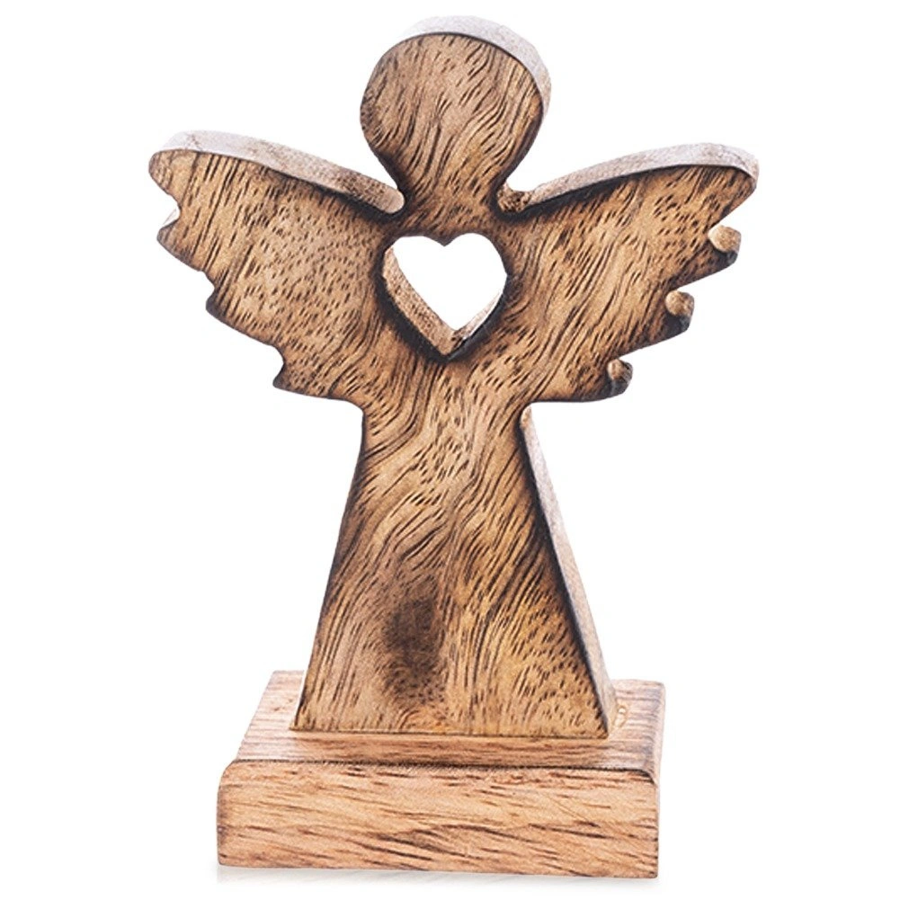 Angelo figūrėlė iš mangmedžio medienos, ruda, 8 × 4 × 11,5 cm