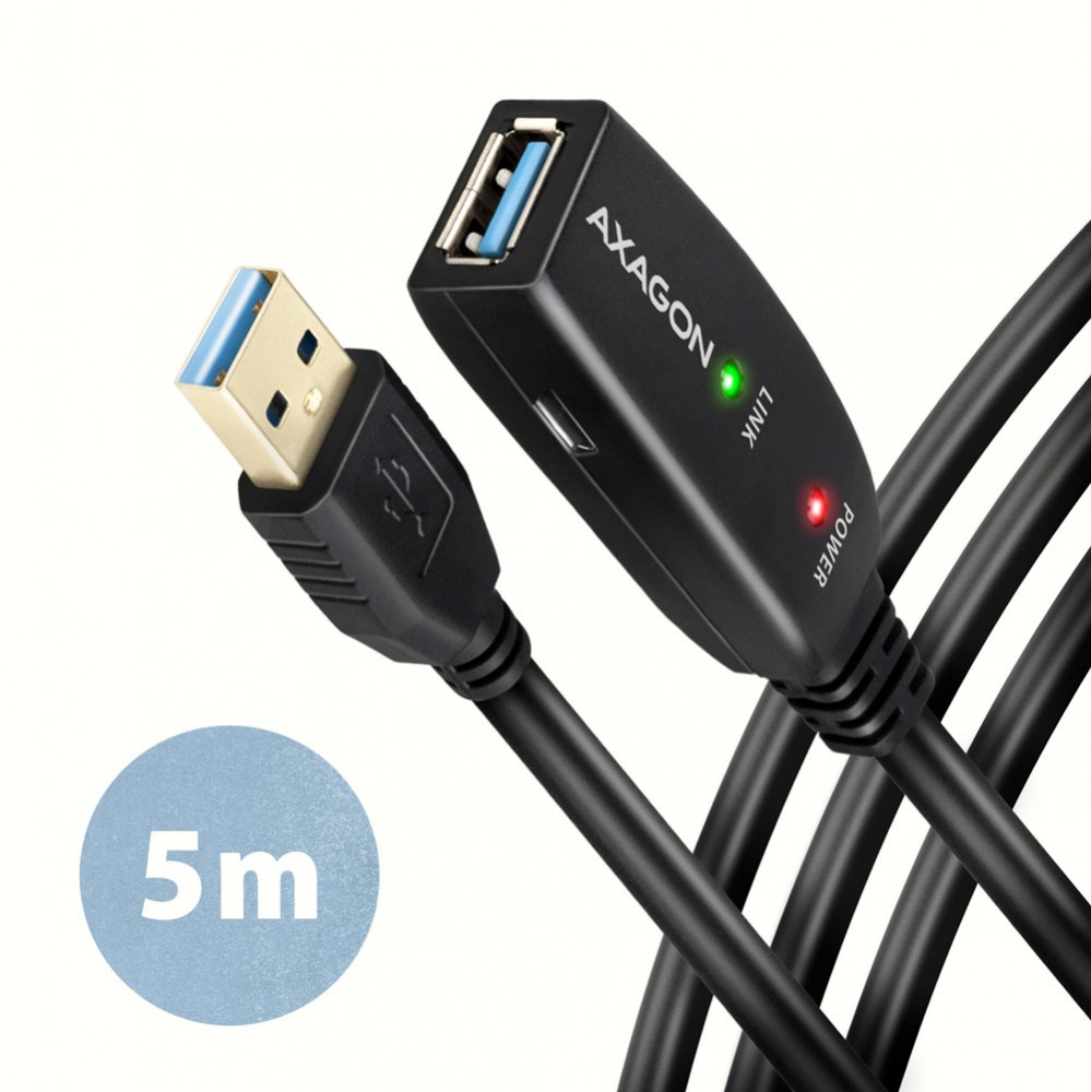 Usb laikmena axagon active prailginimo usb 3.2 gen 1 a-m > a-f laidas, 5 m ilgio. maitinimo variantas.