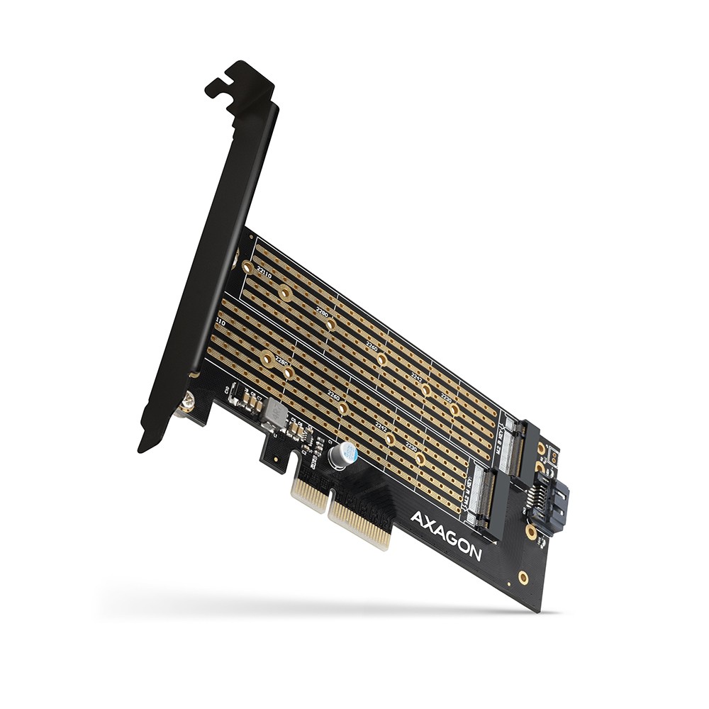 Axagon pcem2-d pcie-3.0-adapter, 1x m.2-nvme, 1x m.2-sata, to 22110