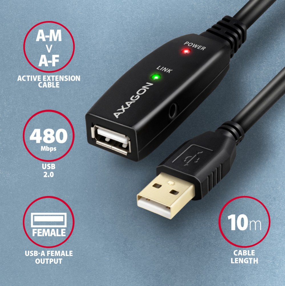 Maitinimo laidas axagon usb 2.0a-m, 10 m