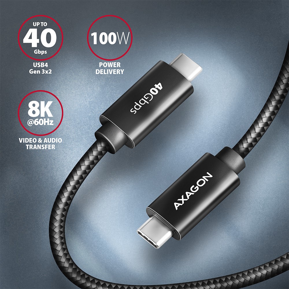 Axagon bucm432-cm10ab usb4 gen 3x2 kabelis 1m, usb-c, juoda