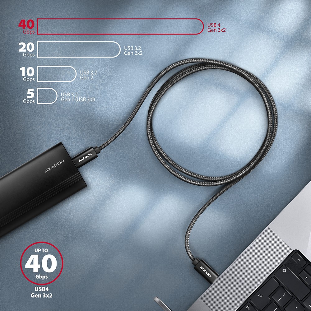 Axagon bucm432-cm10ab usb4 gen 3x2 kabelis 1m, usb-c, juoda