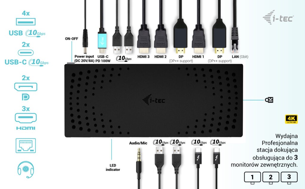 Usb šakotuvas i-tec catriple4kdockpd2