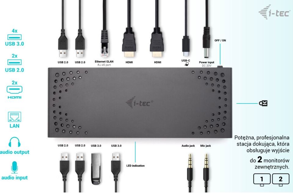 I-tec dokovací stanice usb 3.0 / usb-c / thunderbolt / 2x usb 3.0 / 4x usb 2.0 / 2x hdmi / lan / maitinimo tiekimas 100 w