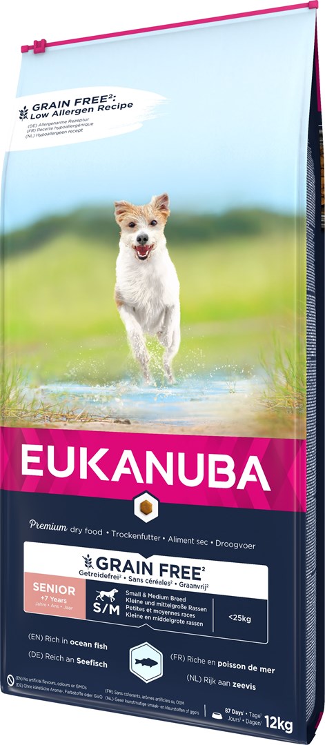 Eukanuba senior mažų ir vidutinių veislių šunims su žuvimi, 12 kg