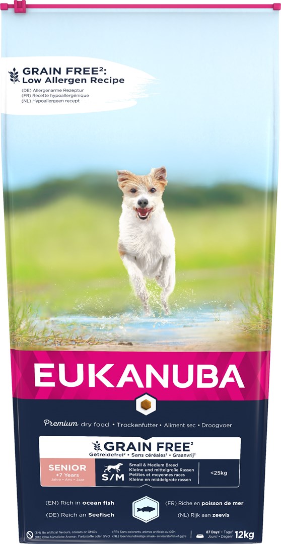 Eukanuba senior mažų ir vidutinių veislių šunims su žuvimi, 12 kg
