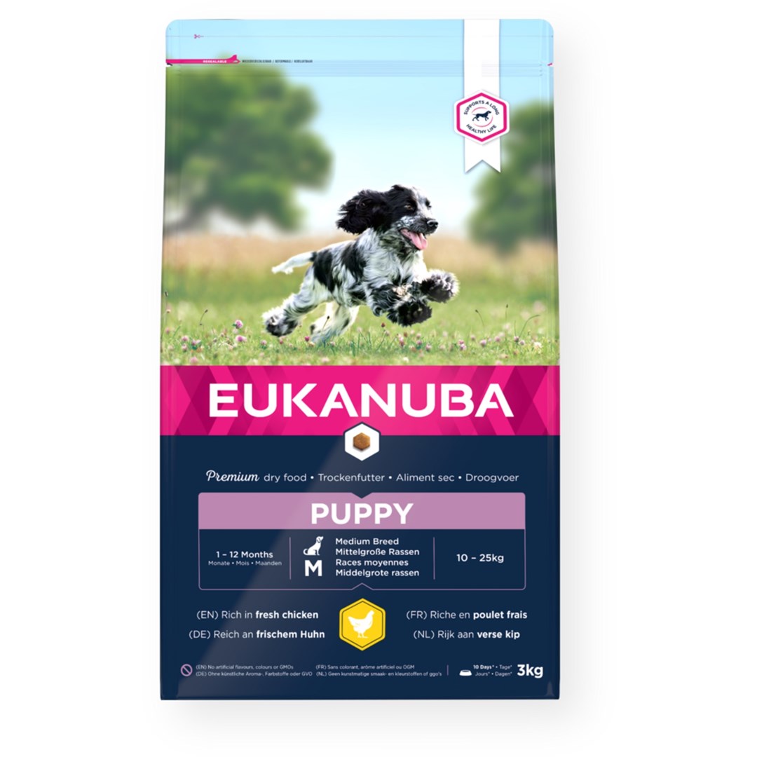 Eukanuba puppy sausas vidutinių veislių šuniukų iki 12 mėn. pašaras su šviežia vištiena 3 kg