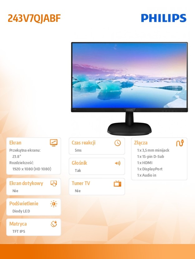 Monitorius philips 243v7qjabf/00, 23.8