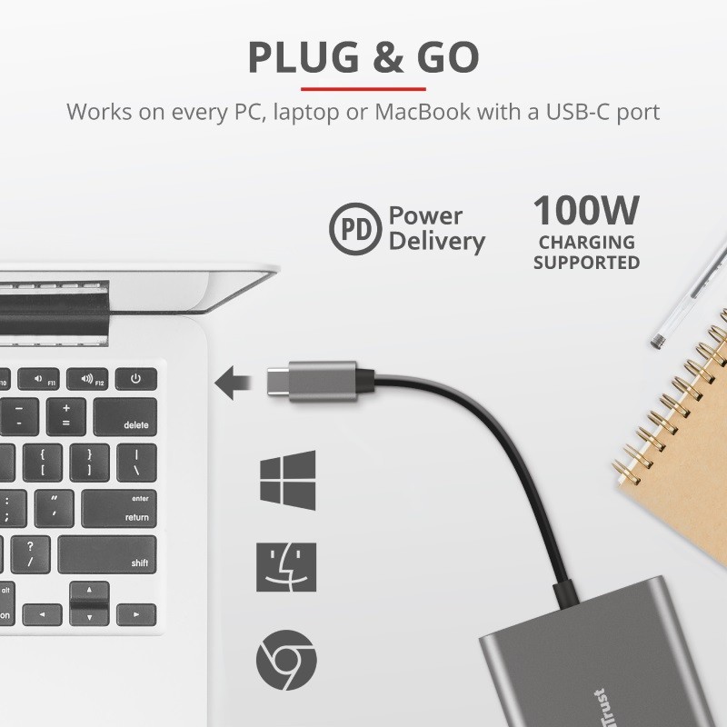 Adapteris trust dalyx 3-in-1 usb-c/usb-a/hdmi, 10 cm