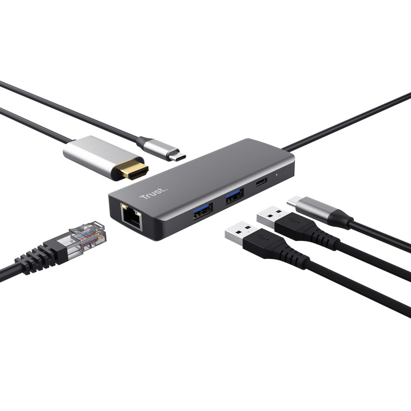 Trust dalyx usb type-c 1000 mbit/s sidabrinis adapteris, 6 jungtys