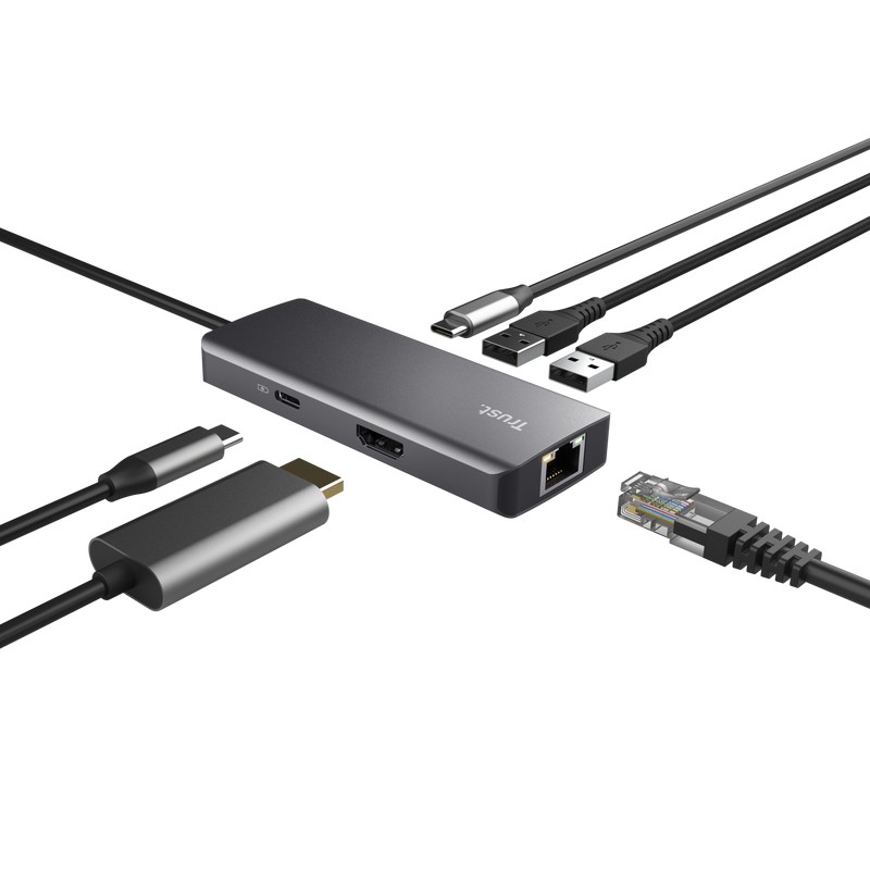 Trust dalyx usb type-c 1000 mbit/s sidabrinis adapteris, 6 jungtys