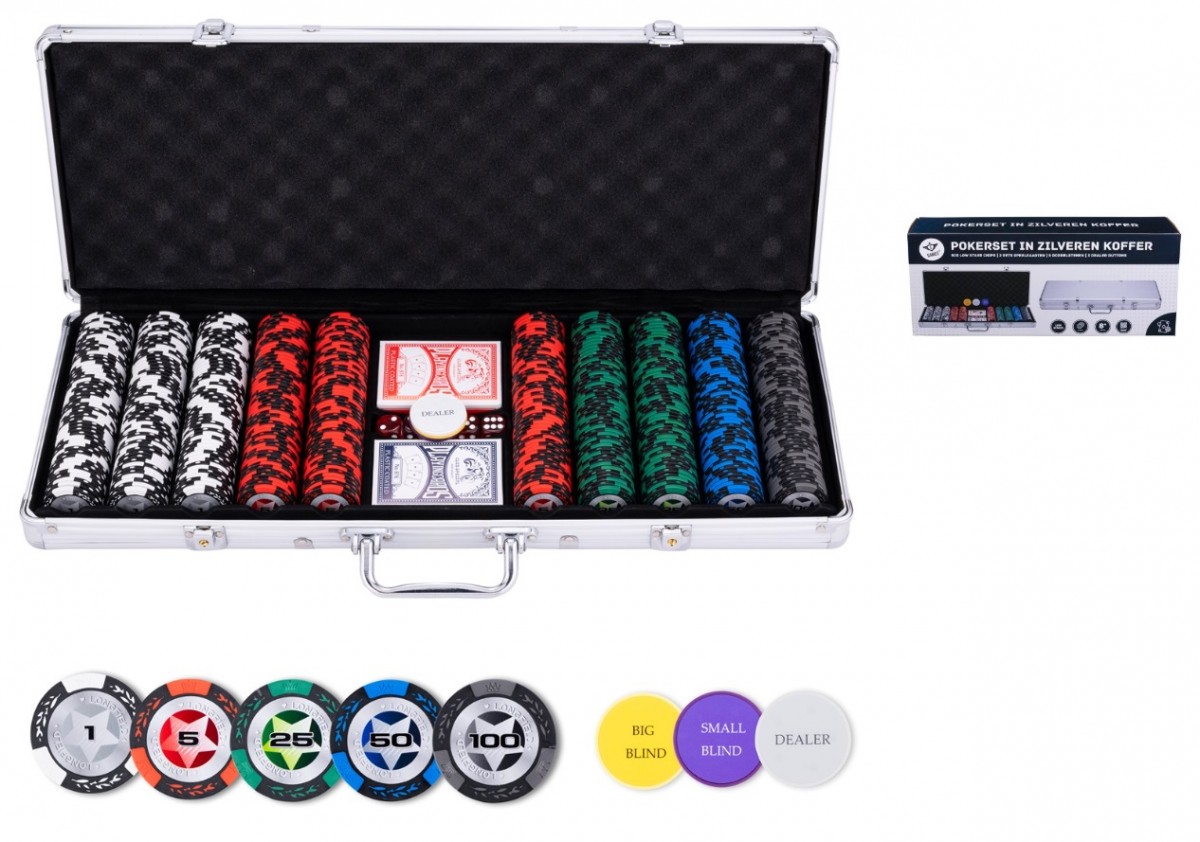 Pokerio rinkinys sidabrinėje dėžėje su 500 žetonų