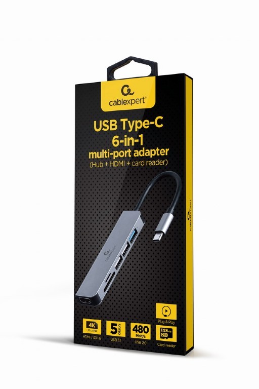 Gembird usb type-c 6-in-1 grey