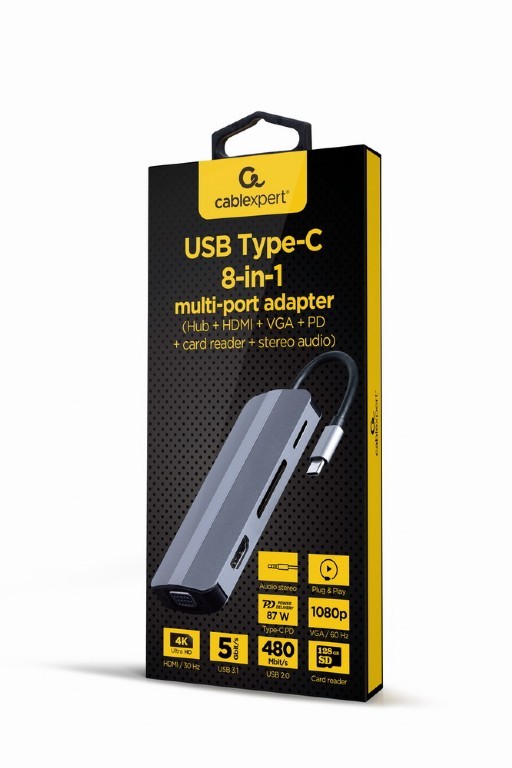Gembird usb type-c 8-in-1 silver