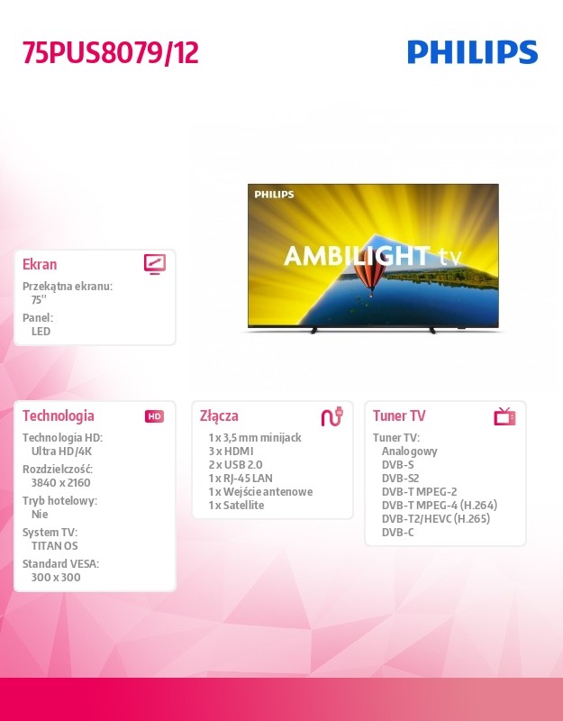 75 Colių 4K Ambilight Televizorius 75Pus8079/12