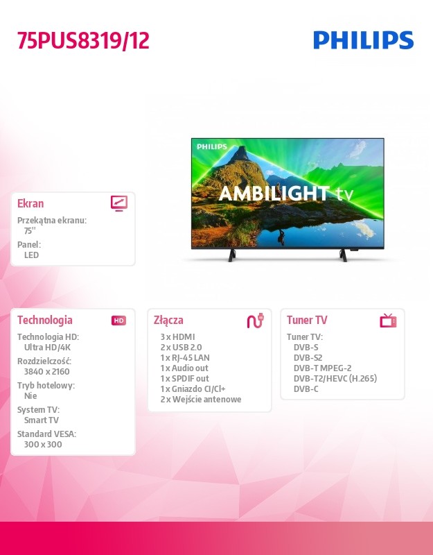 75 colių 4k ambilight televizorius su dolby atmos