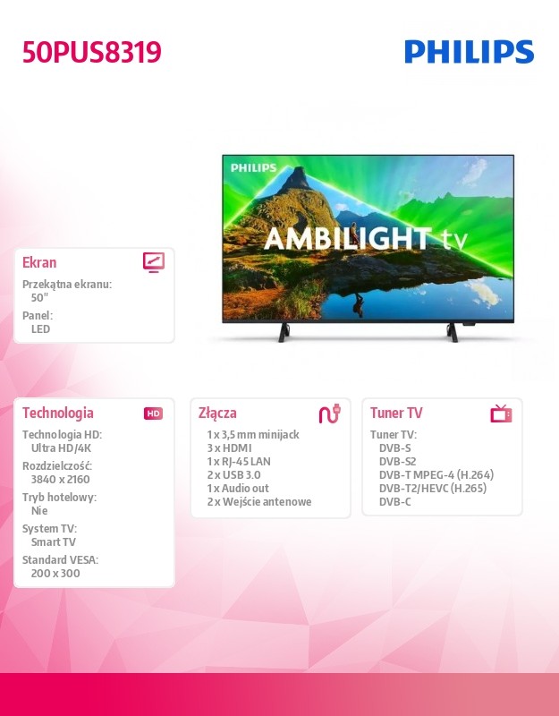 Televizorius philips 50pus8319/12 50" (126 cm) 4k ultra hd led tv, 50" (~127 cm)
