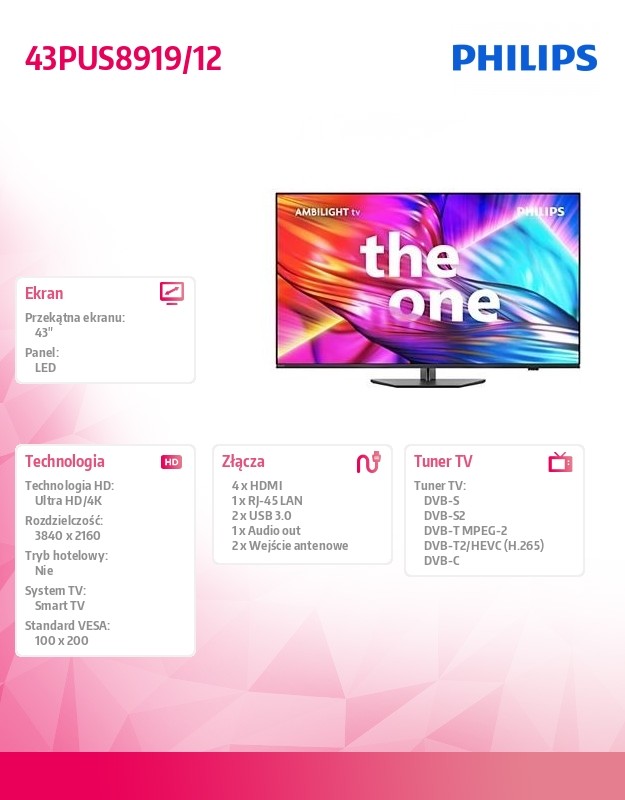 Televizorius philips 43pus8919/12 43" (108cm) 4k ultra hd led tv, 43" (~109 cm)