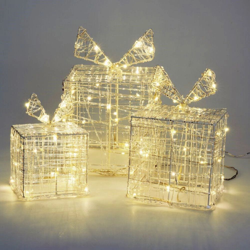 Kalėdinės šviečiančios dovanų dėžutės su 90 LED, skaidrios, 13–18 cm, 3 vnt.