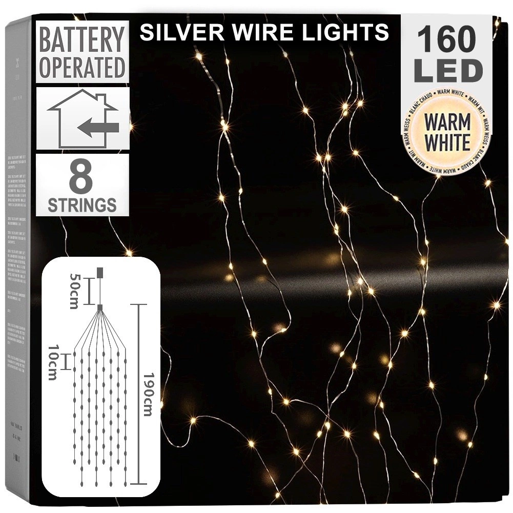 LED švieselių užuolaida 160 LED, sidabrinė, 190 cm