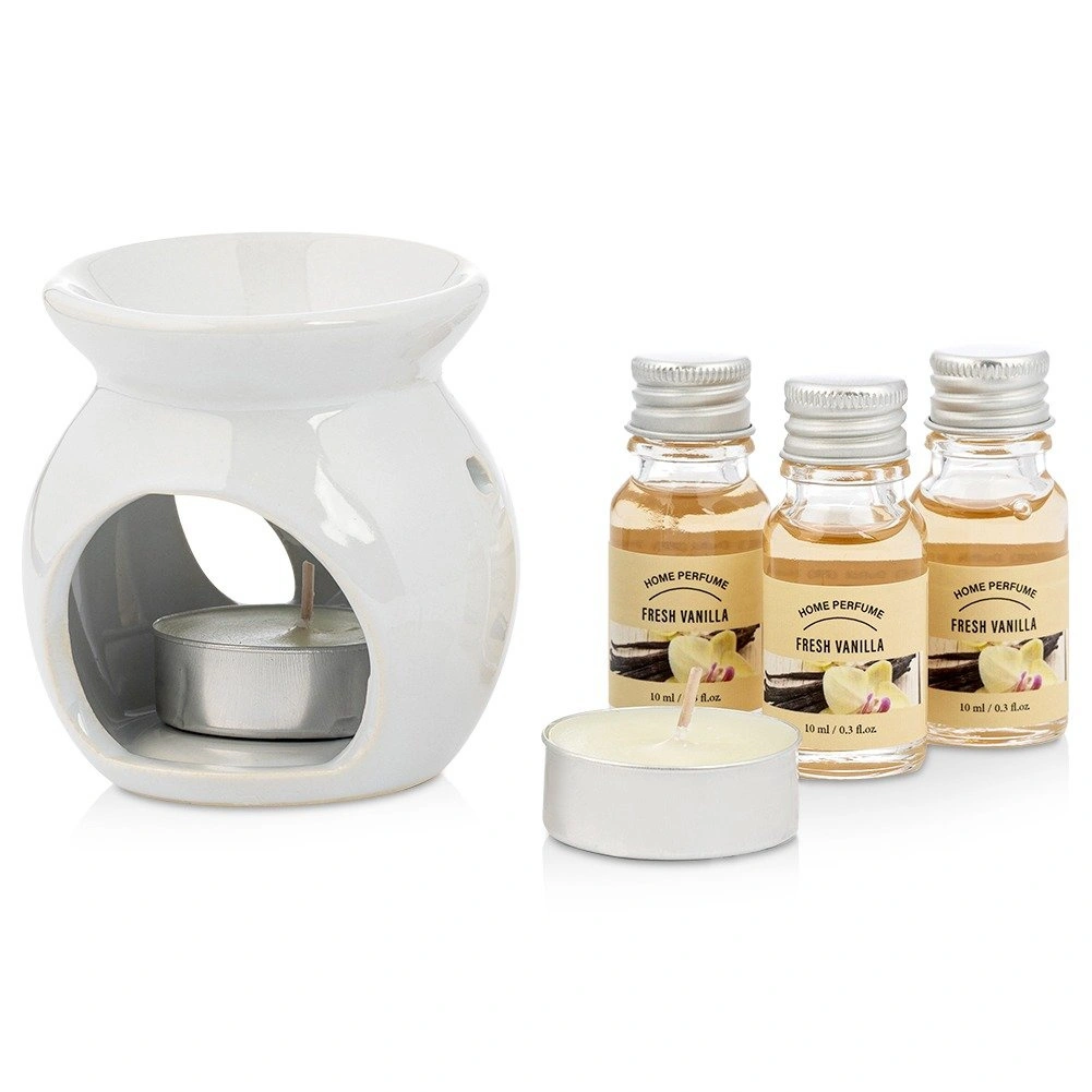 Aromatinės lempos rinkinys su 3 vanilės kvapo aliejais, baltas, 7,5 × 7,5 × 7,5 cm, 6 dalių
