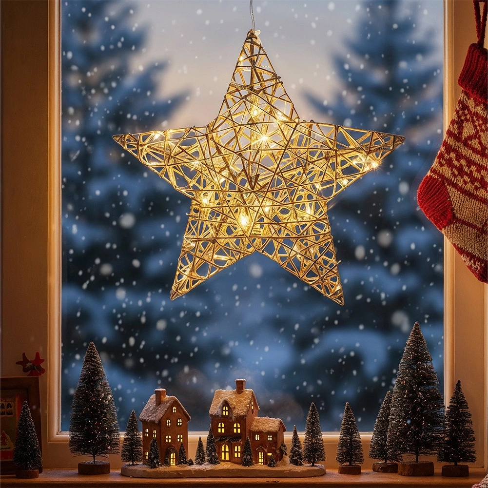 Šviečianti kalėdinė žvaigždė su 20 LED ir laikmačiu, auksinė, 30 × 7 × 30 cm