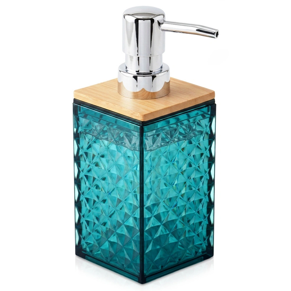 Skysto muilo dozatorius su bambukiniu dangteliu, turkio spalvos, 7 × 7 × 17 cm, 300 ml