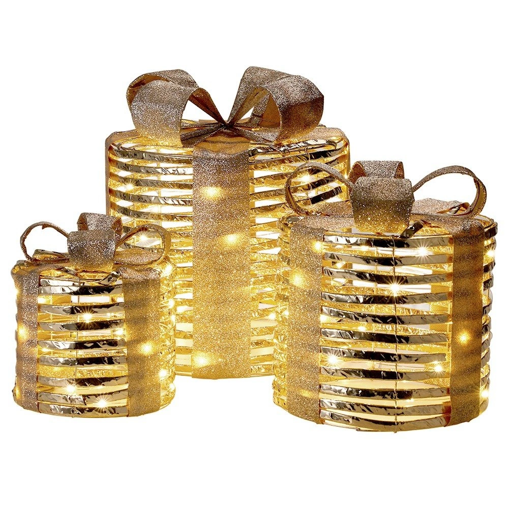 LED kalėdinių dovanų dekoracijų rinkinys su 90 LED, auksinis, 15 × 15 × 17 / 20 × 20 × 23 / 25 × 25 × 30 cm, 3 vnt. 2