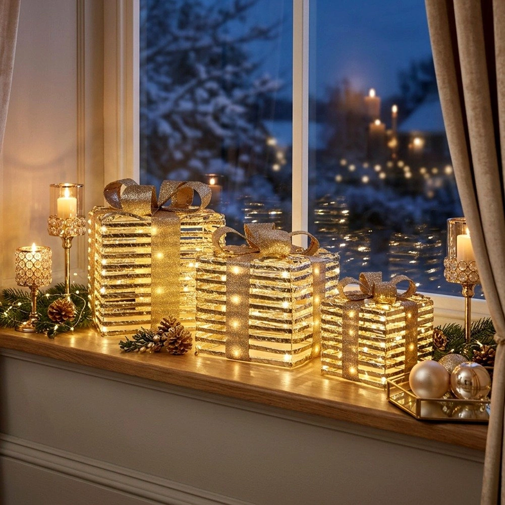 Kalėdinių LED dovanų rinkinys su laikmačiu, auksinės spalvos, 15 × 15 × 17 / 20 × 20 × 23 / 25 × 25 × 30 cm, 3 vnt.