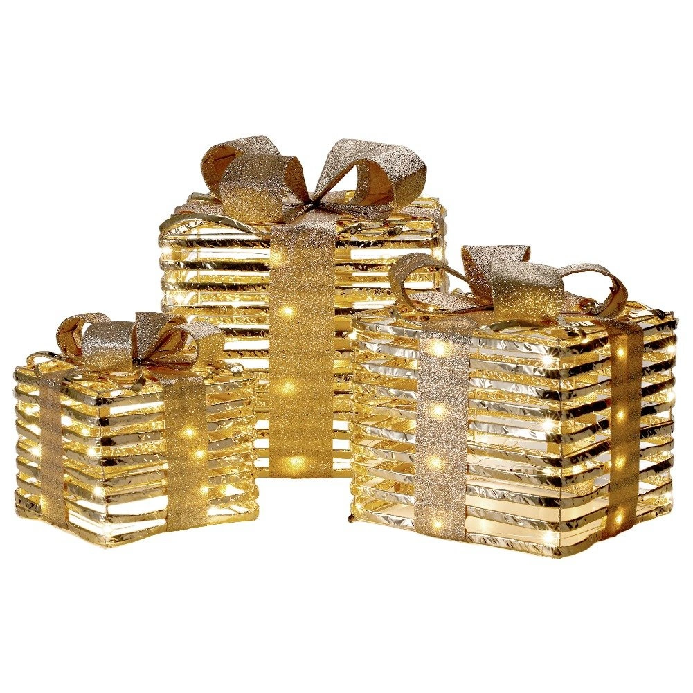 Kalėdinių LED dovanų rinkinys su laikmačiu, auksinės spalvos, 15 × 15 × 17 / 20 × 20 × 23 / 25 × 25 × 30 cm, 3 vnt. 2