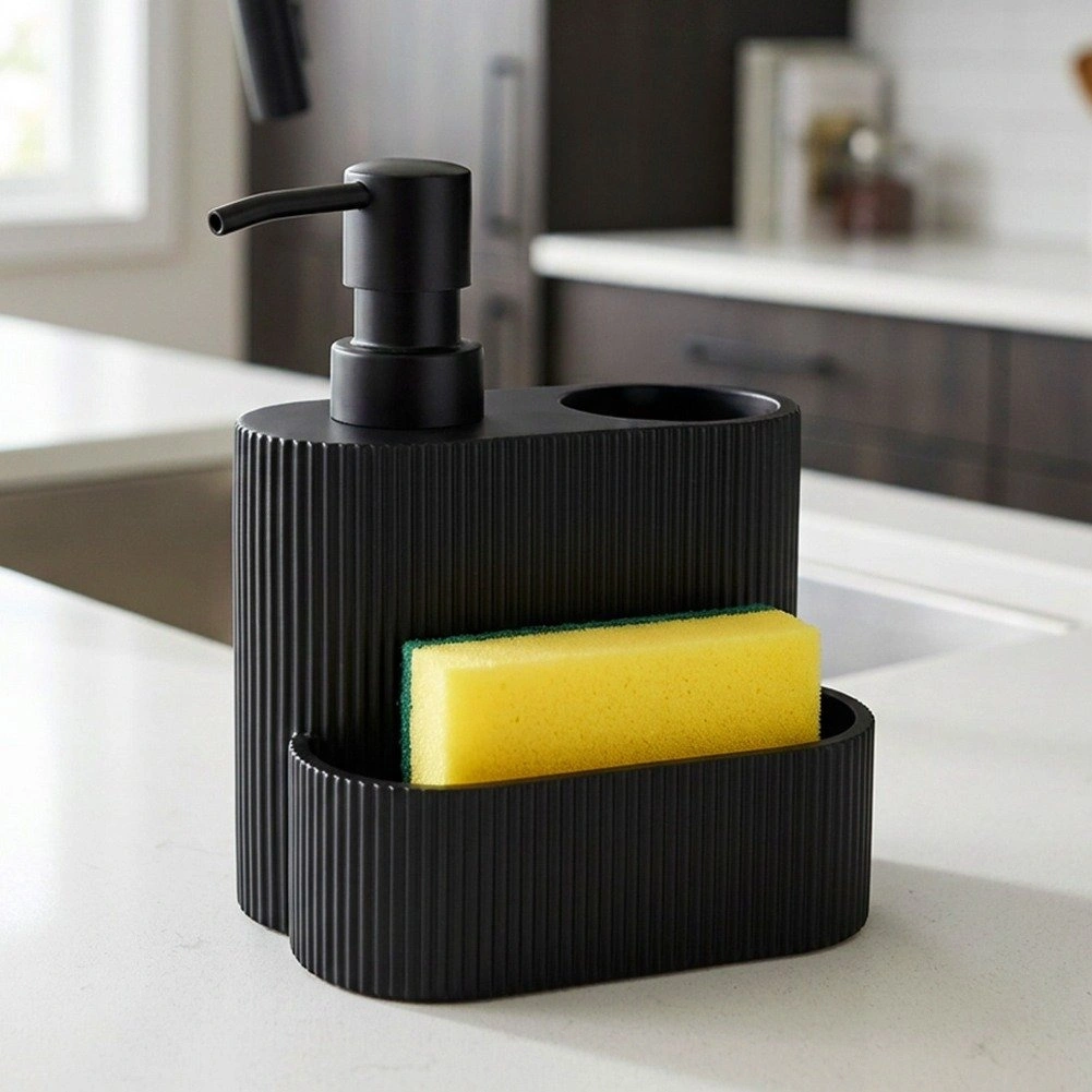 Indų ploviklio dozatorius su kempinės ir šepetėlio laikikliu, 250 ml, juodas, 13 × 10 × 16 cm