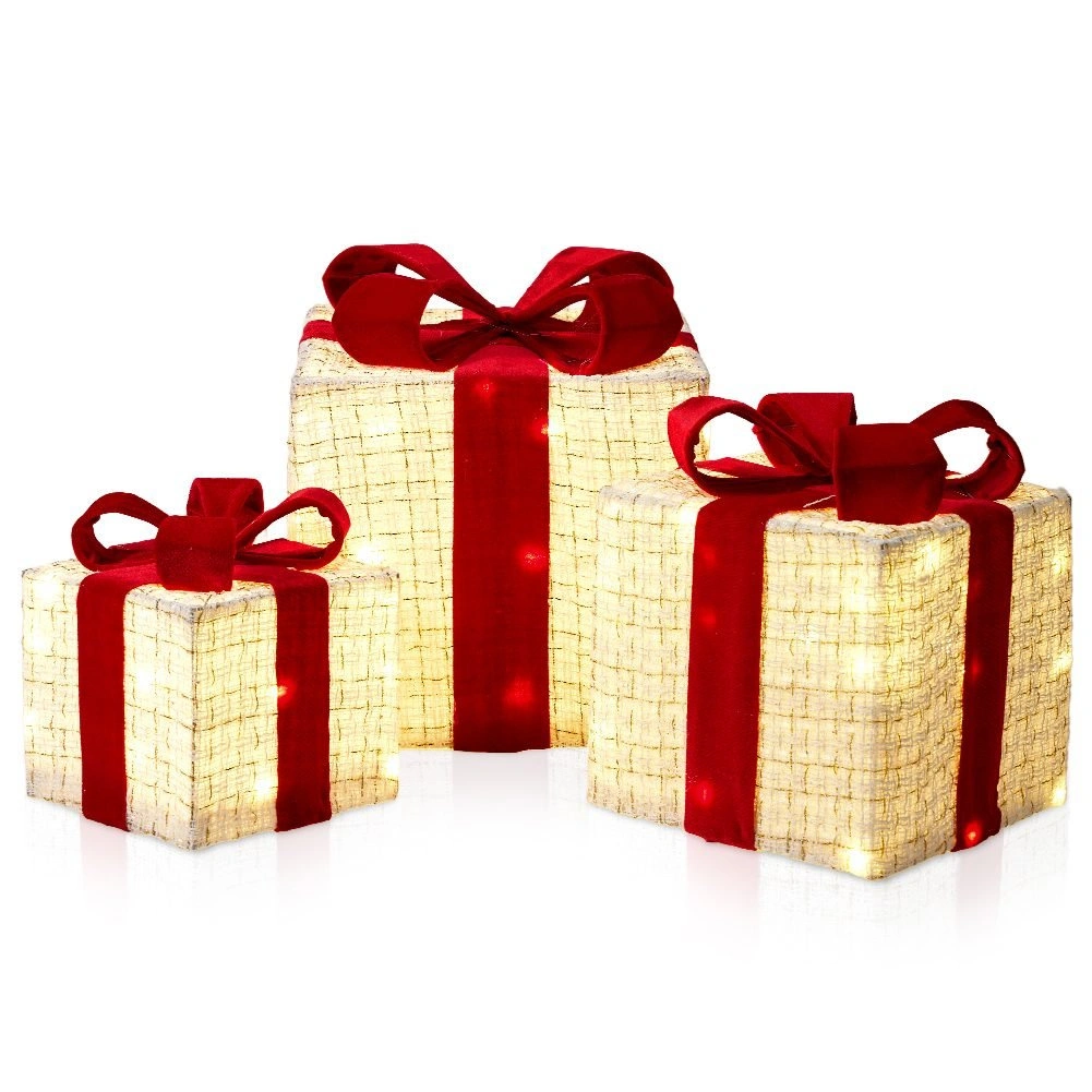 LED dovanų dekoracijų rinkinys su laikmačiu, baltas, 15 × 15 × 13,5 cm / 20 × 20 × 18,5 cm / 25 × 25 × 28 cm, 3 vnt.