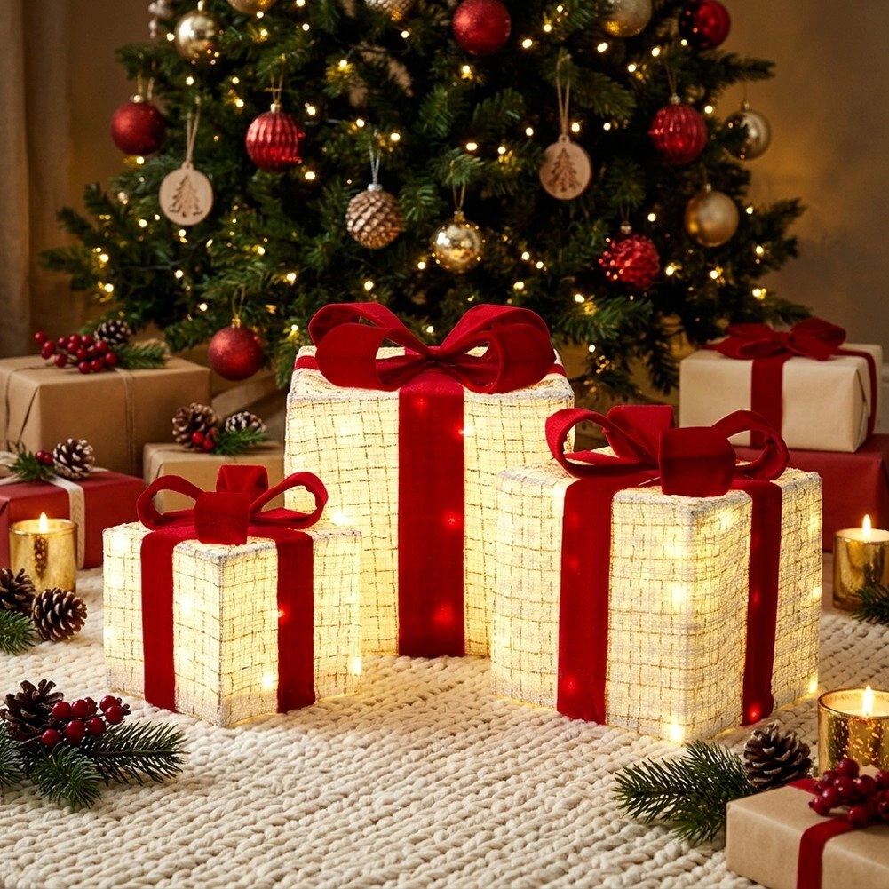 LED dovanų dekoracijų rinkinys su laikmačiu, baltas, 15 × 15 × 13,5 cm / 20 × 20 × 18,5 cm / 25 × 25 × 28 cm, 3 vnt.