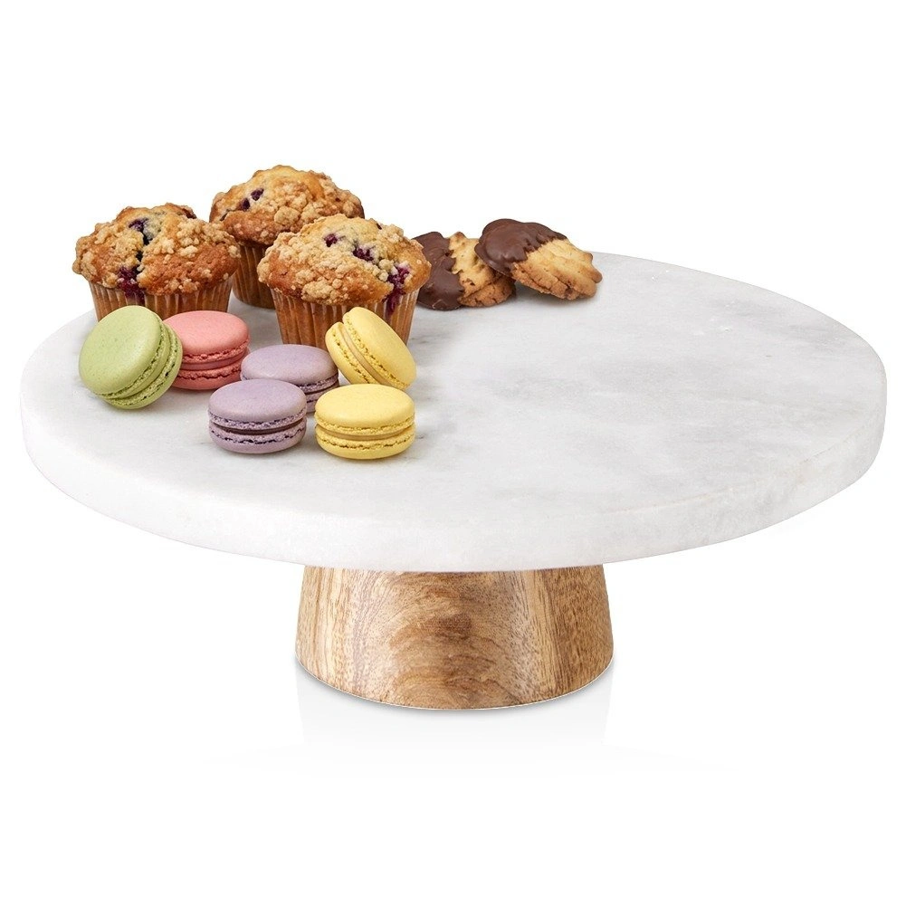 Marmurinis torto stovas su medine kojele, baltas, 28 × 28 × 9 cm