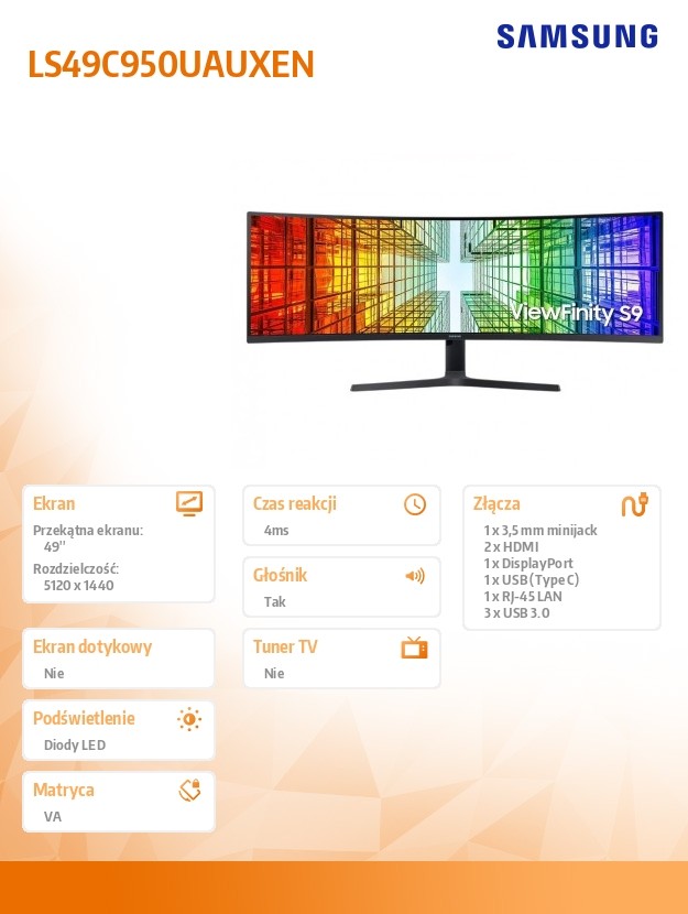 Monitorius – samsung – samsung viewfinity s9 s49c950uau – s95uc serija – led ekranas – lenktas – 49 colių – 5120 x 1440 dual quad hd 120 hz – va –