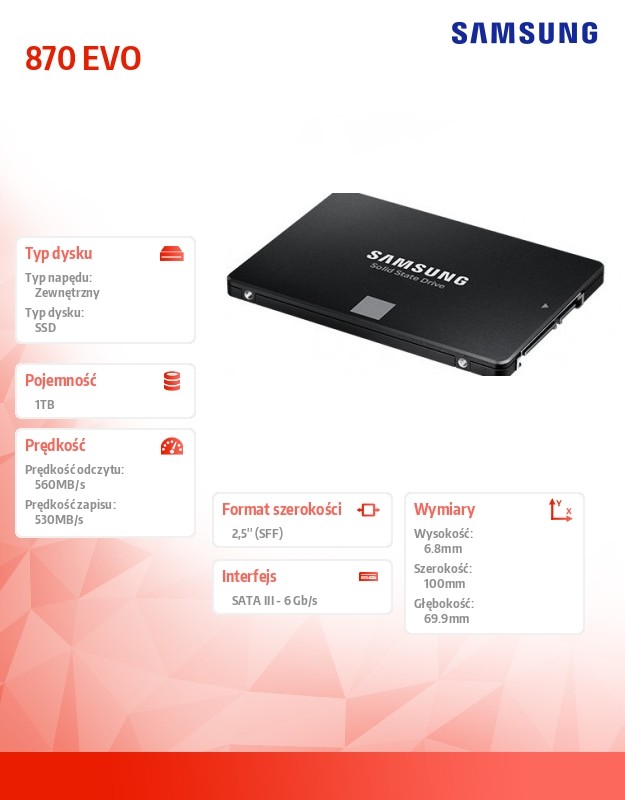 Ssd vidinis kietasis diskas ssd|samsung|870 evo|1tb|sata|sata 3.0|mlc|write speed 530 mbytes/sec|read speed 560 mbytes/sec|2,5